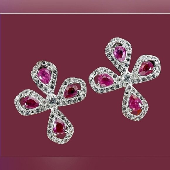 925 Sterling Silver Earrings with Natural Ruby 4x3mm & White Topaz Gems - Picture 3 of 3
